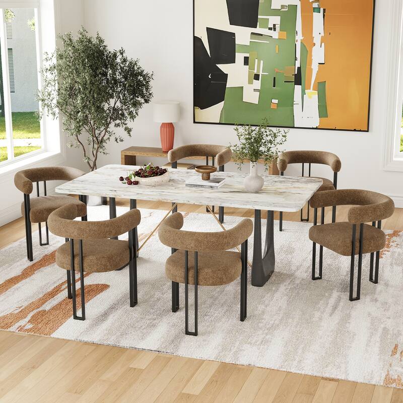 Set of 2 Upholstered Dining Chairs, Bouclé Fabric Accent Chairs with Metal Frame, with Cushioned Seat & Back