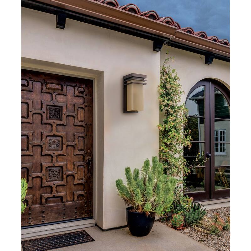 12" H Modern Bronze Outdoor Wall Sconce with Antique Amber Glass, E26 Base