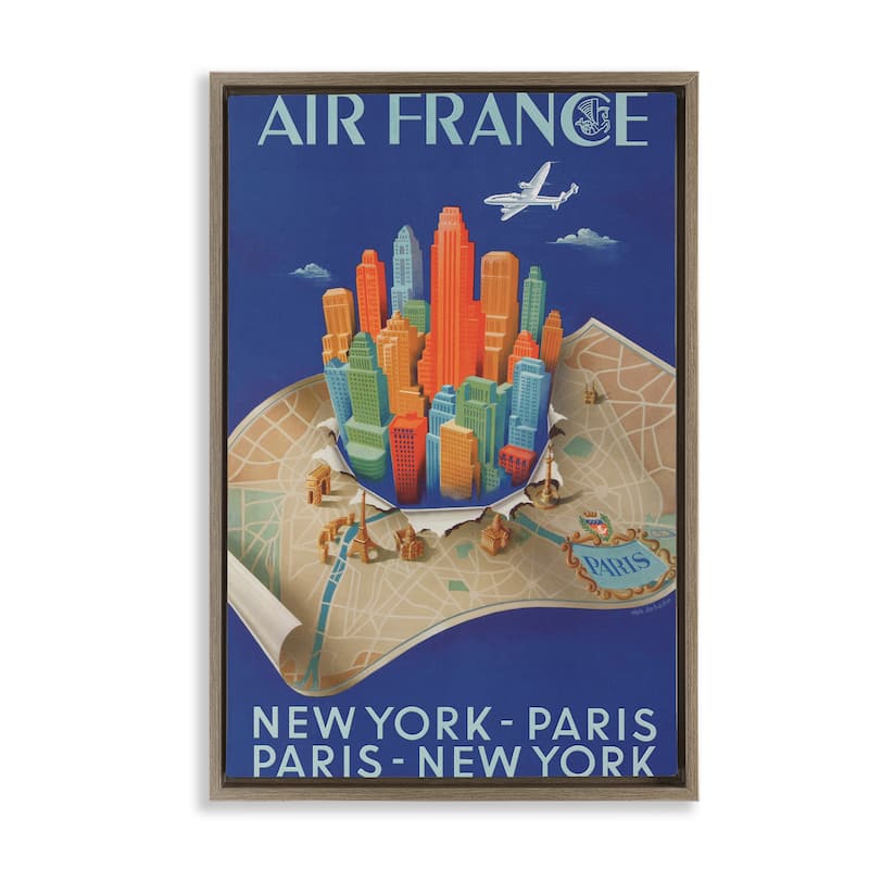 Stupell Air France Vintage Travel Framed Floater Canvas Wall Art Design By Marcus Jules - 21 x 31 - Brown