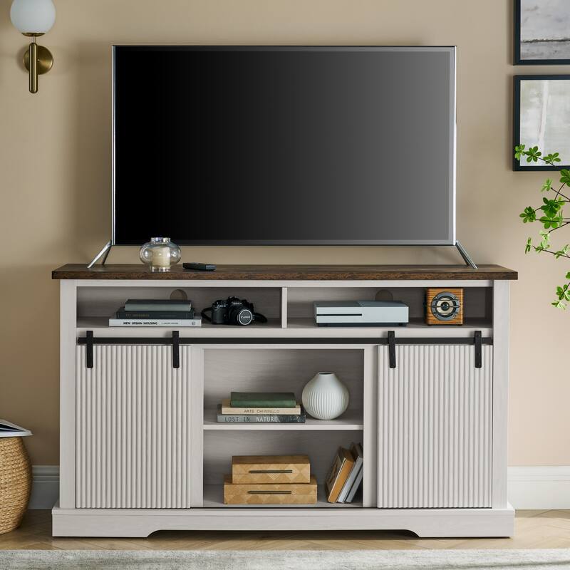 Rustic Sliding Barn Door TV Stand with Upper Lower Storage Shelf and Adjustable Shelves for Living Room - Brown+White