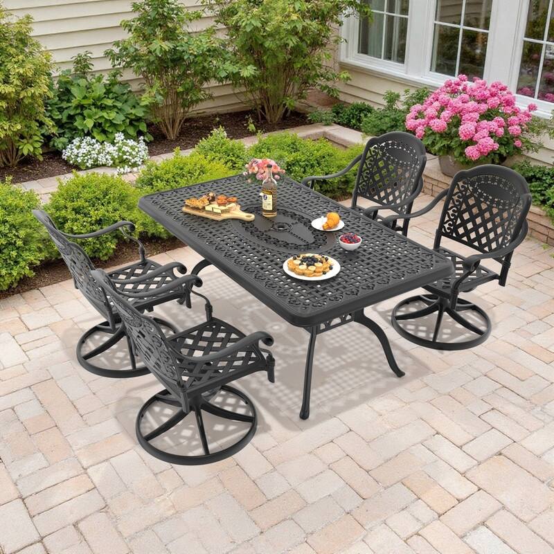 5-Piece Aluminum Rectangular Outdoor Patio Dining Set, 4 Cushioned Swivel Chairs, Table, All-Weather Frames