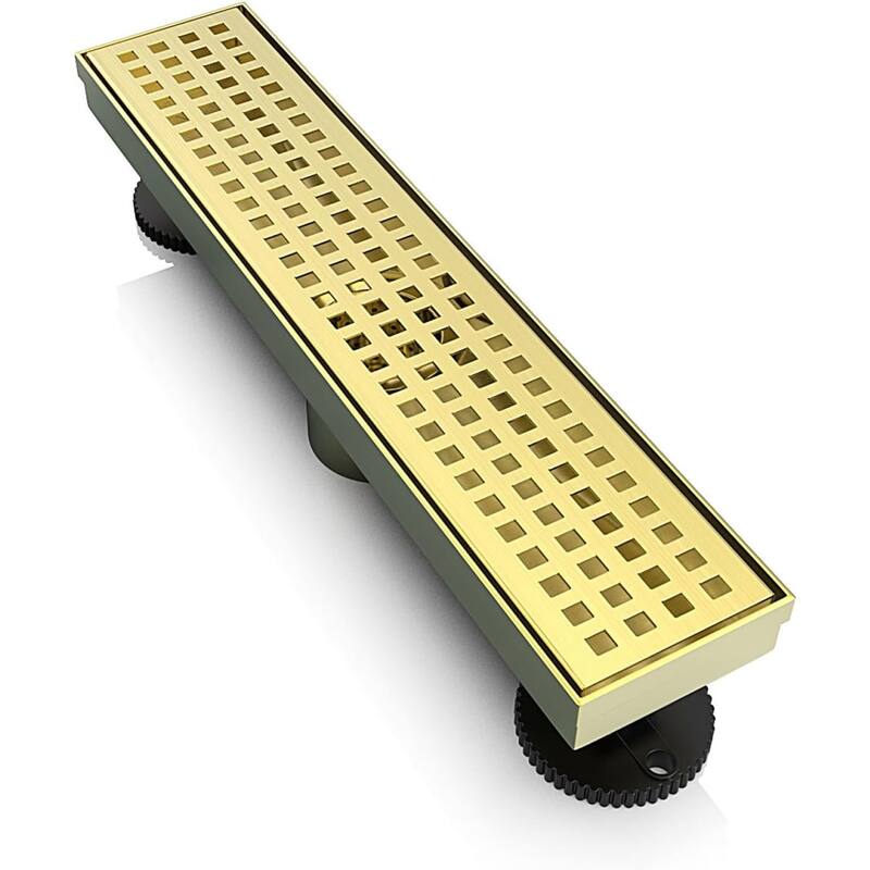 12-Inch Linear Shower Floor Drain, Square Hole Grate - 12 inch - Brushed Gold