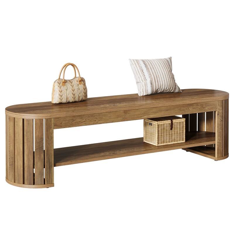 Wooden Entryway Bench, 63" 2-Tier Narrow Shoe Bench