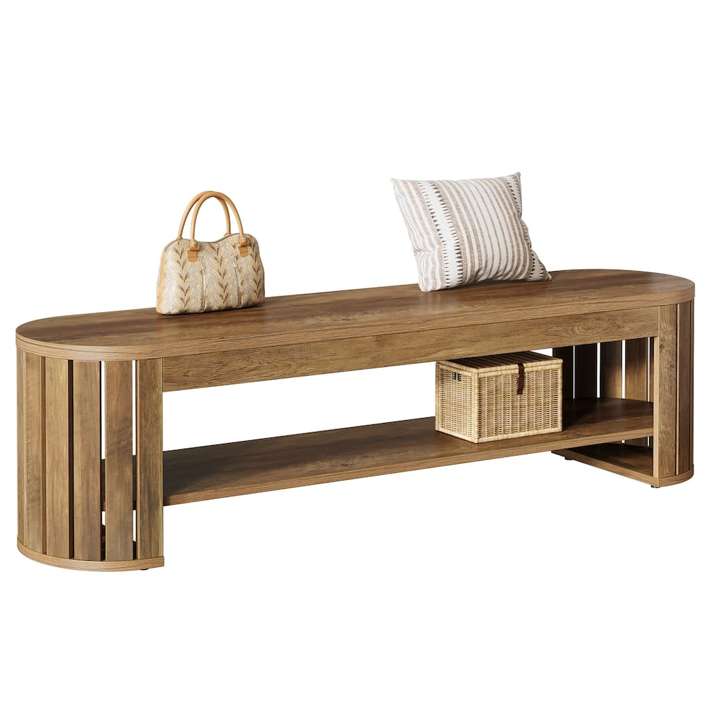 Wooden Entryway Bench, 63" 2-Tier Narrow Shoe Bench