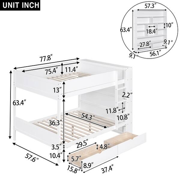 dimension image slide 0 of 2, Full over Full Size Bunk Bed with Stairs and Guardrail, Storage Captains Bed with Pull-out Drawers and Bookcase Cabinet Frame