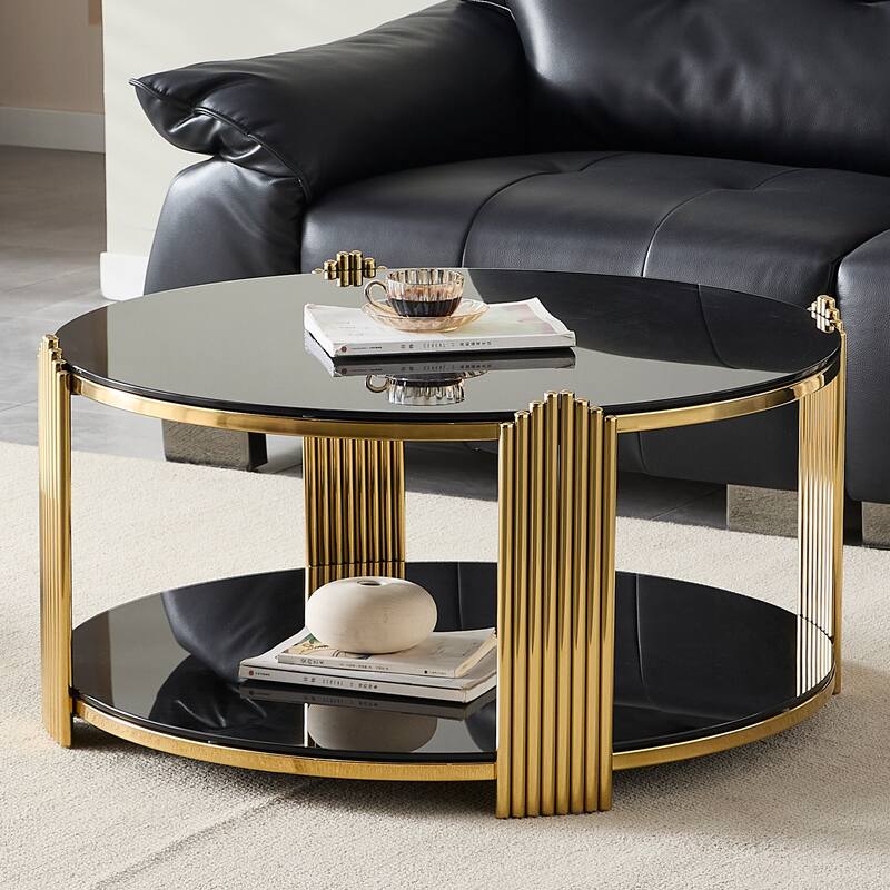 35inch Modern Coffee Table, Double-Layer Tempered Black Glass & Gold Stainless Steel Frame Living Room Table