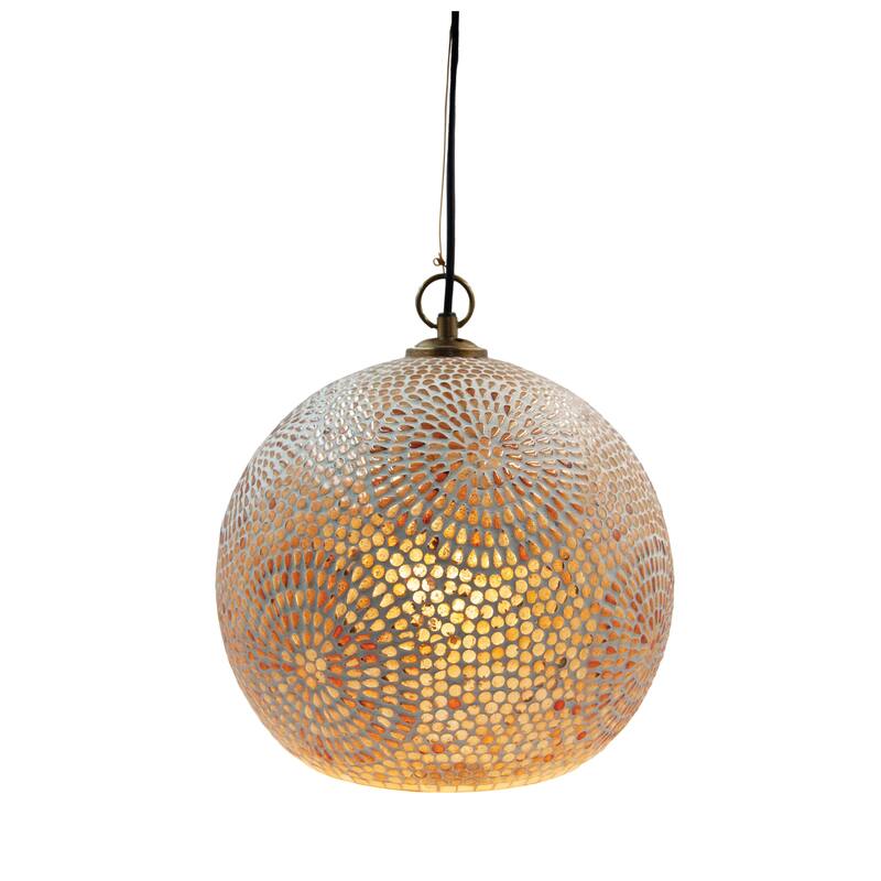 Glass Mosaic Pendant Lamp, 6' Cord, Antique Gold Finish and White - 12.0"L x 12.0"W x 12.5"H