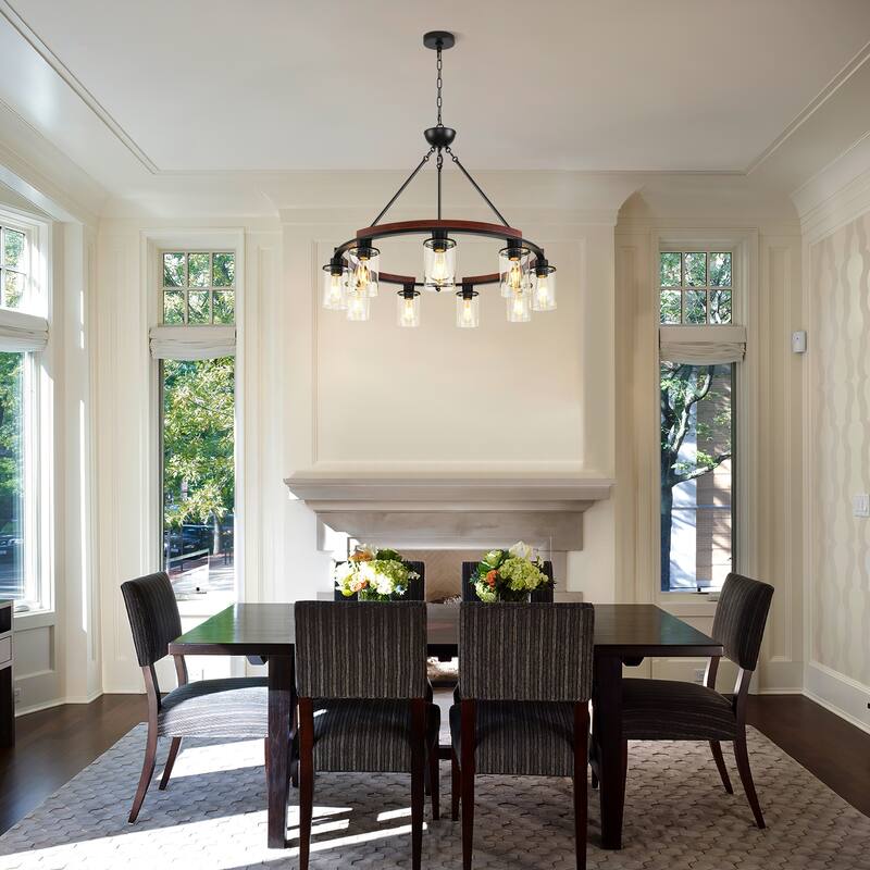 9 - Light Wagon Wheel Dimmable Chandelier with Wood Accents - Matte Black