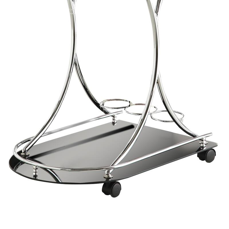Dazzling Serving Cart With 2 Black Glass Shelves, Silver