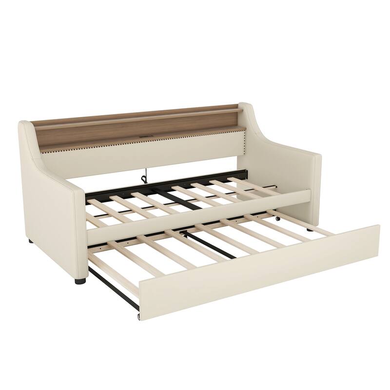 Twin Size Daybed with Trundle, PU Leather Upholstered with Charging Station and LED Lights