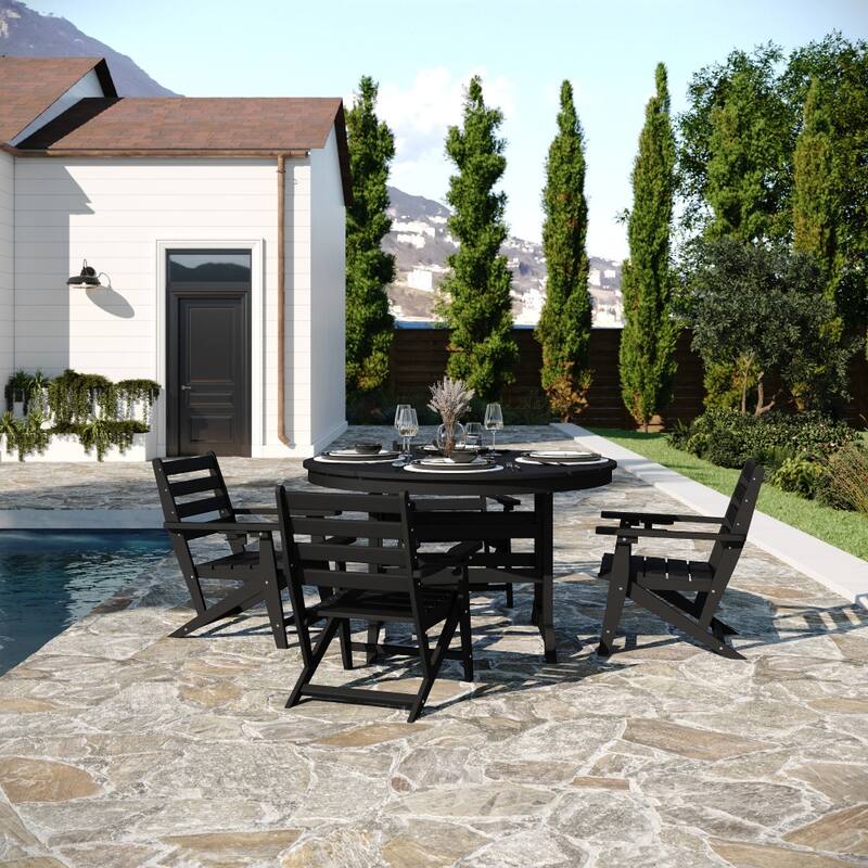 Commercial All Weather Adirondack Table and 4 Chairs with Cupholders - Black