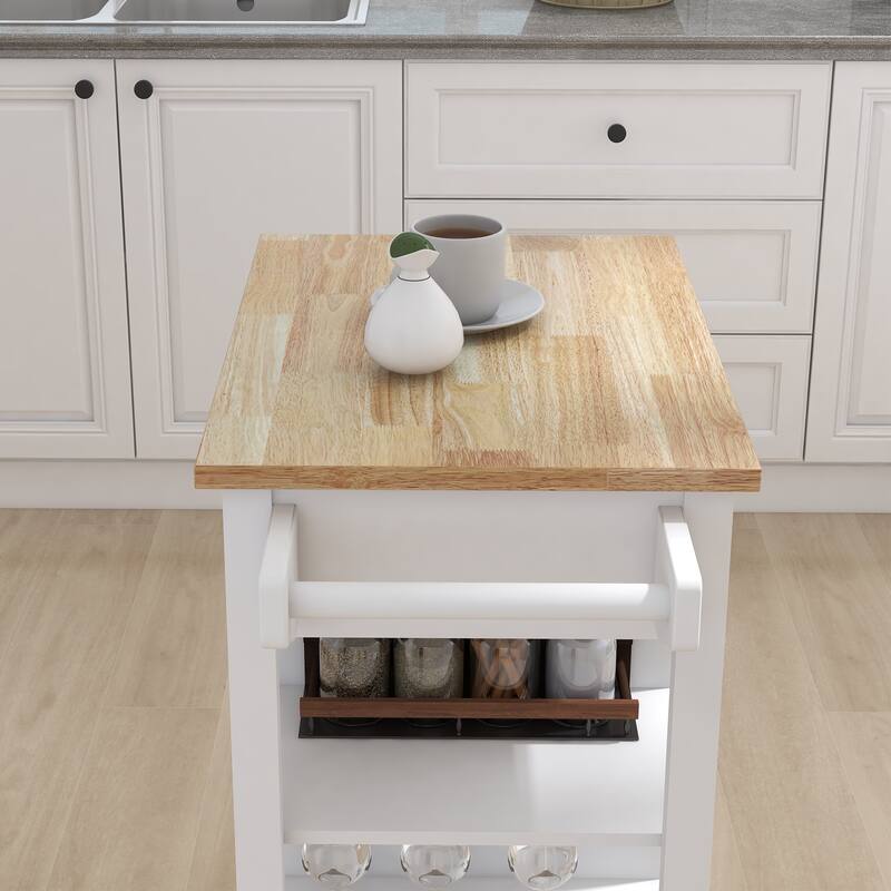 Anmytek White Rolling Kitchen Cart with Wood Top Mobile Storage Island for Small Spaces