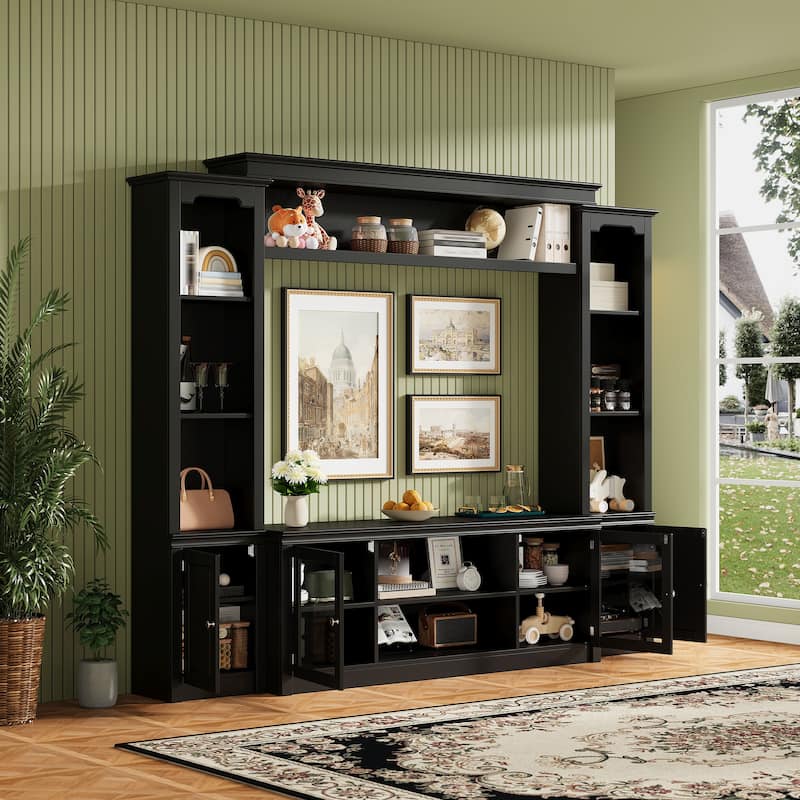 Living Room Entertainment Center Wall Unit Media Console for TVs Up to 65", Integrated TV Stand Bookshelf and Display Cabinet - Black