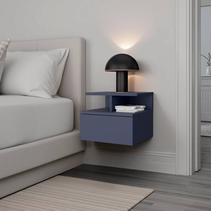 Blue Floating Nightstand with Drawer and Open Shelf - Navy Blue