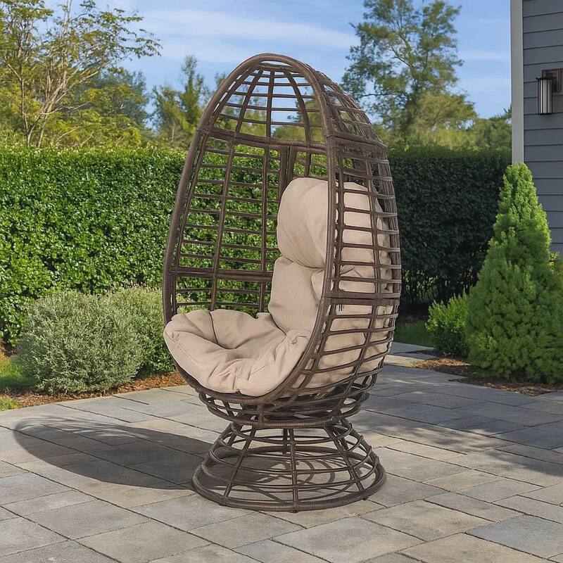 Swivel Outdoor Egg Chair, Brown PE Woven Rattan, Iron, Beige Polyester