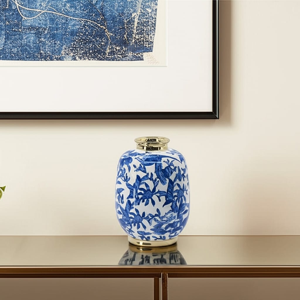 11" Blue White And Gold Chinoiserie Floral Porcelain Table Vase - 7.70