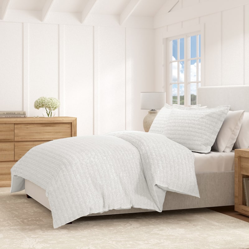 Linery & Co. 100% Cotton Reversible Honeycomb Waffle / Percale Duvet Cover Set - White - Queen