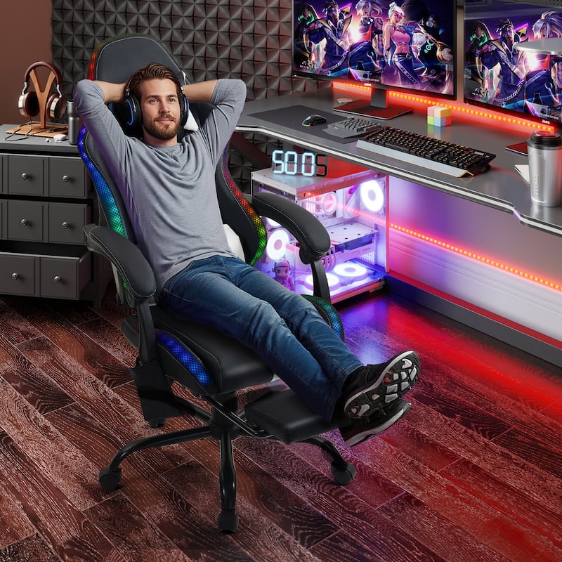 EROMMY RGB LED Gaming Chair with Thickened Massage Lumbar Pillow & Upgraded Footrest, Reclining Ergonomic Chair