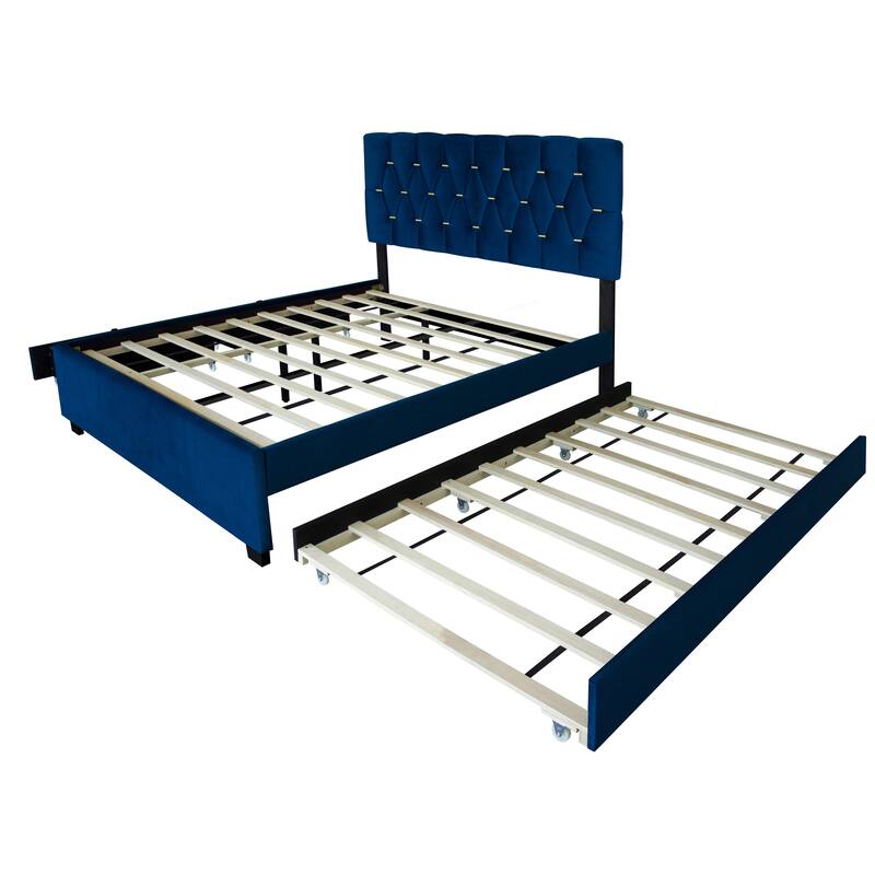 Queen Size Trundle Bed Upholstered Platform Bed Frame with Pull-Out Twin Trundle and Two Storage Drawers, No Box Spring Needed
