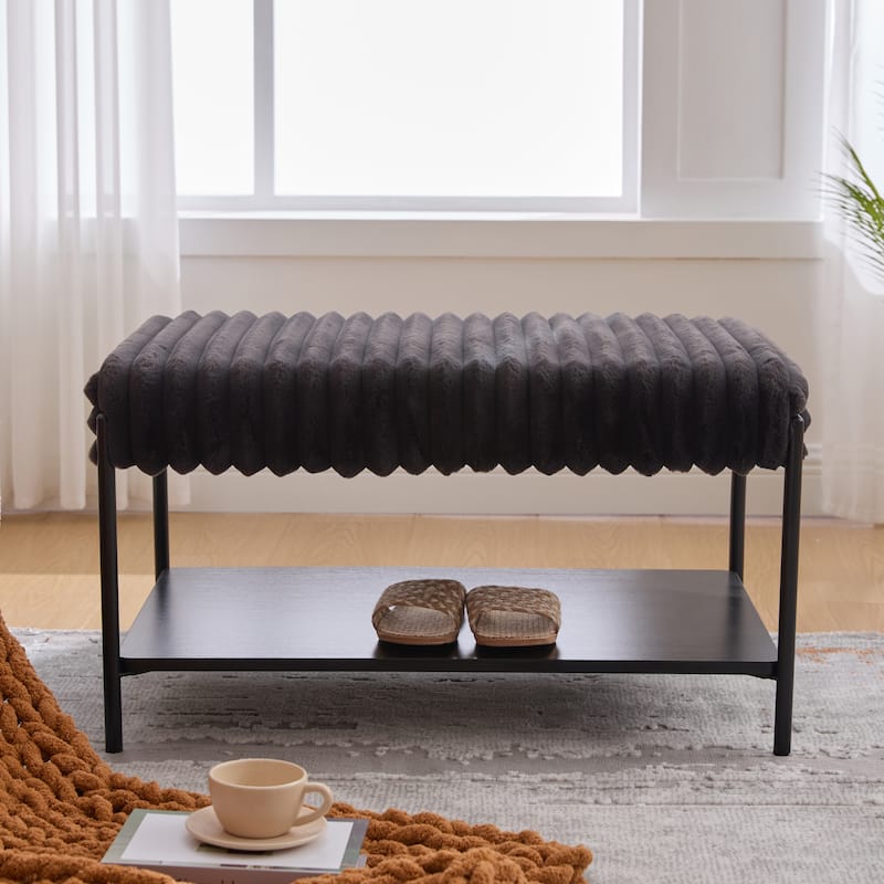 30.7"W Modern Ottoman Coffee Table,Upholstered Bench Footrest with Wood Storage Shelf