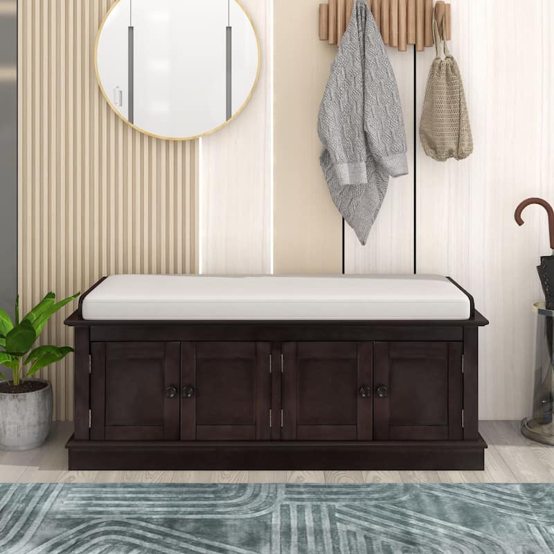 Storage Bench with 4 Doors and Adjustable Shelves, Shoe Bench with Removable Cushion