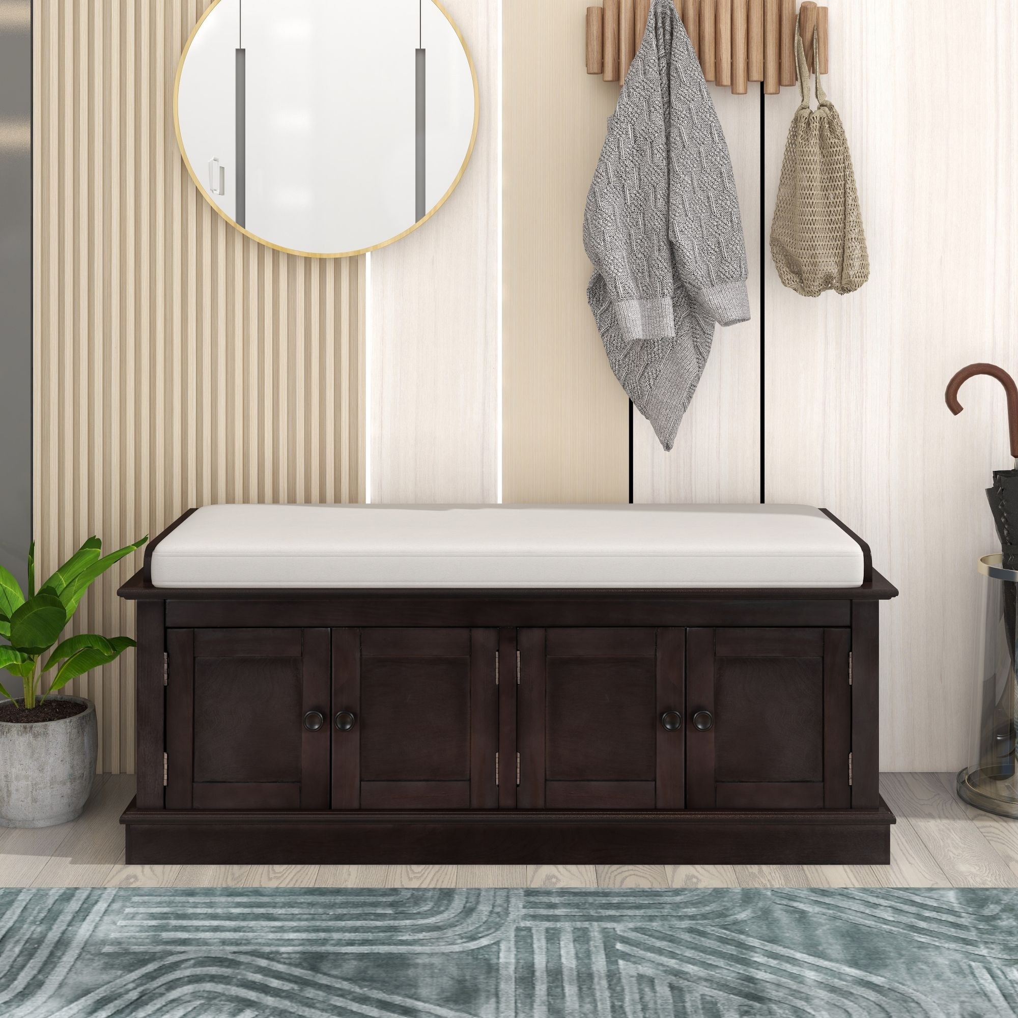 Storage Shoes Bench with 4 Doors and Adjustable Shelves, Removable Cushion