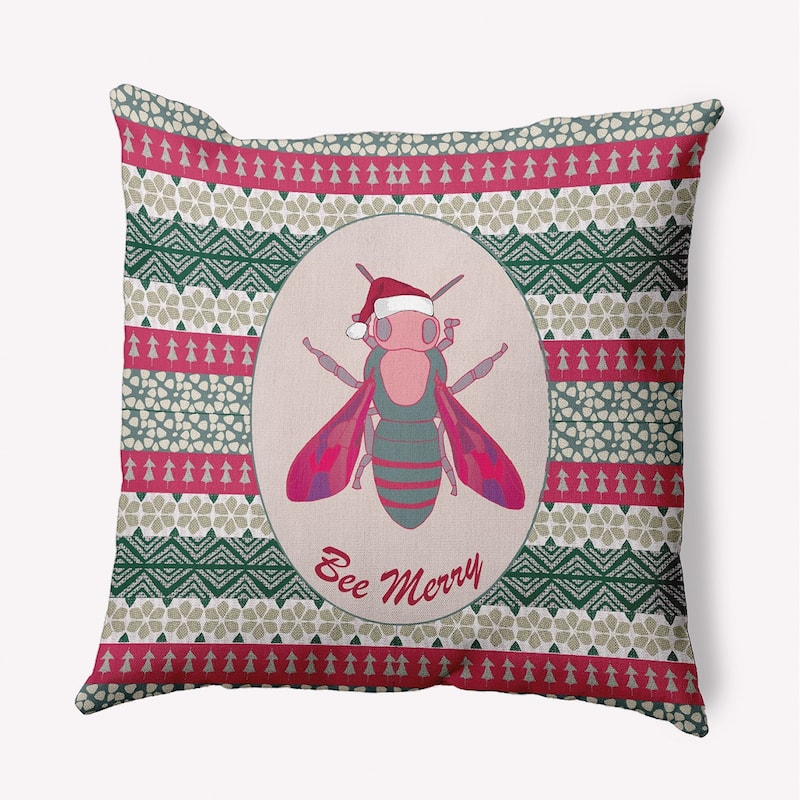 Bee Merry Christmas Indoor/Outdoor Throw Pillow - 18" x 18" - Christmas Pink