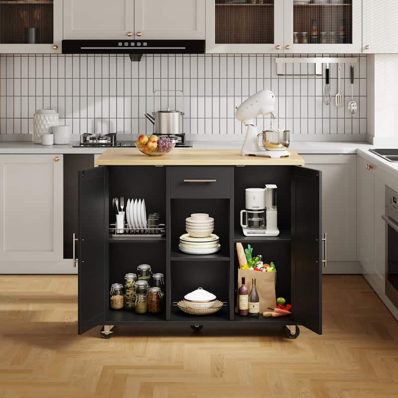 2-Door Kitchen Island with Drawer & Drop Leaf - Mobile Storage Cart on Lockable Wheels for Kitchen, Dining Room, Bar