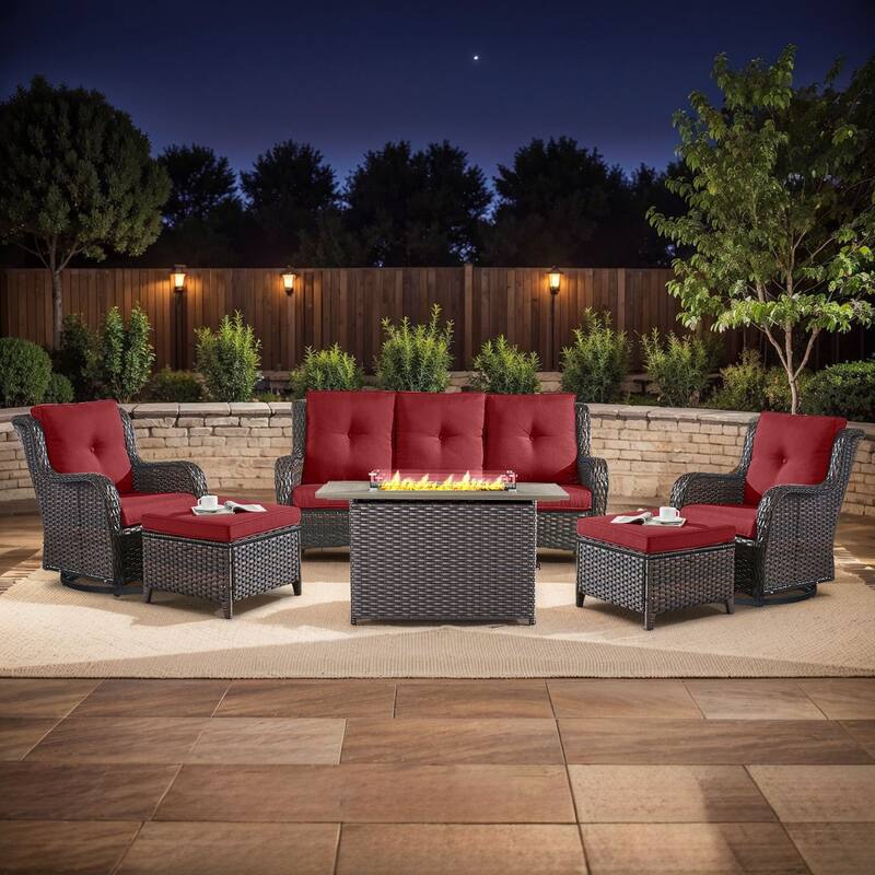 Fire Pit Table with Patio Glider Chairs Sofa Chairs Set - Brown - Red