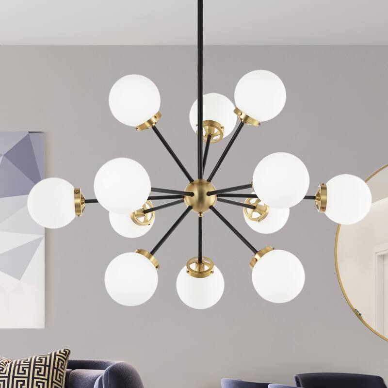 GetLedel 12-Light Modern Sputnik Sphere Chandelier with Glass Globe Shades - Black Finish with White Glass Shades