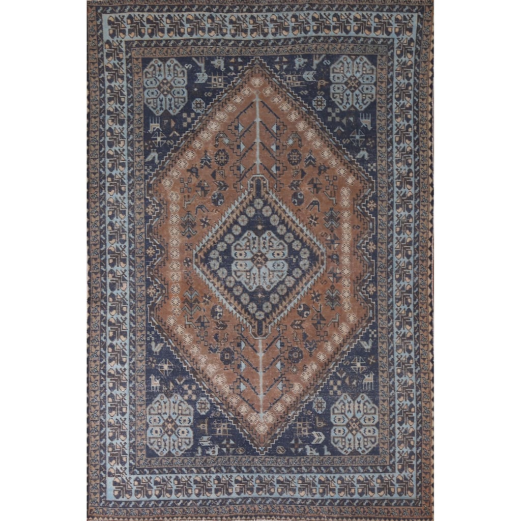Hand Knotted Oriental 100% Wool Carpet Traditional Tribal Navy Blue & Blues Heriz Area Rug - 9' 6'' X 6' 7''