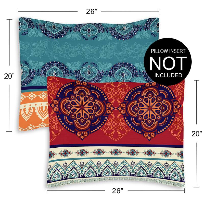 Sweet Jojo Designs Boho Chic Mandala Pillow Shams 2 Pack Set - Red Blue Orange Bohemian Colorful Vintage Retro Patterned Tribal