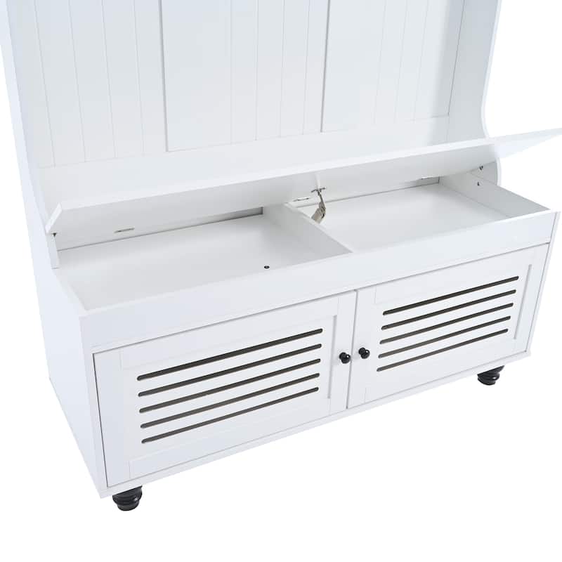 Roomfitters Hall Tree with Shutter Doors, Entryway Bench with Cushion, Hooks and Storage Organizer