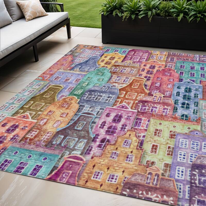 HomeRoots Village Houses Transitional Rectangle Outdoor Rug - 5' X 8'