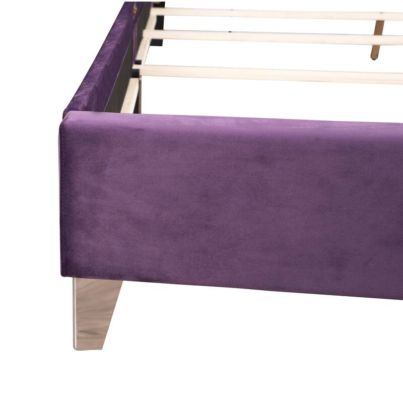 Queen Size Velvet Platform Bed with Foam-Padded Headboard and Transitional Design