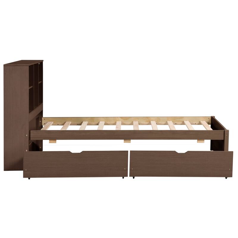 Walnut Modern Twin Size Bed with Built-in USB Port on Bookcase Headboard and 2 Drawers