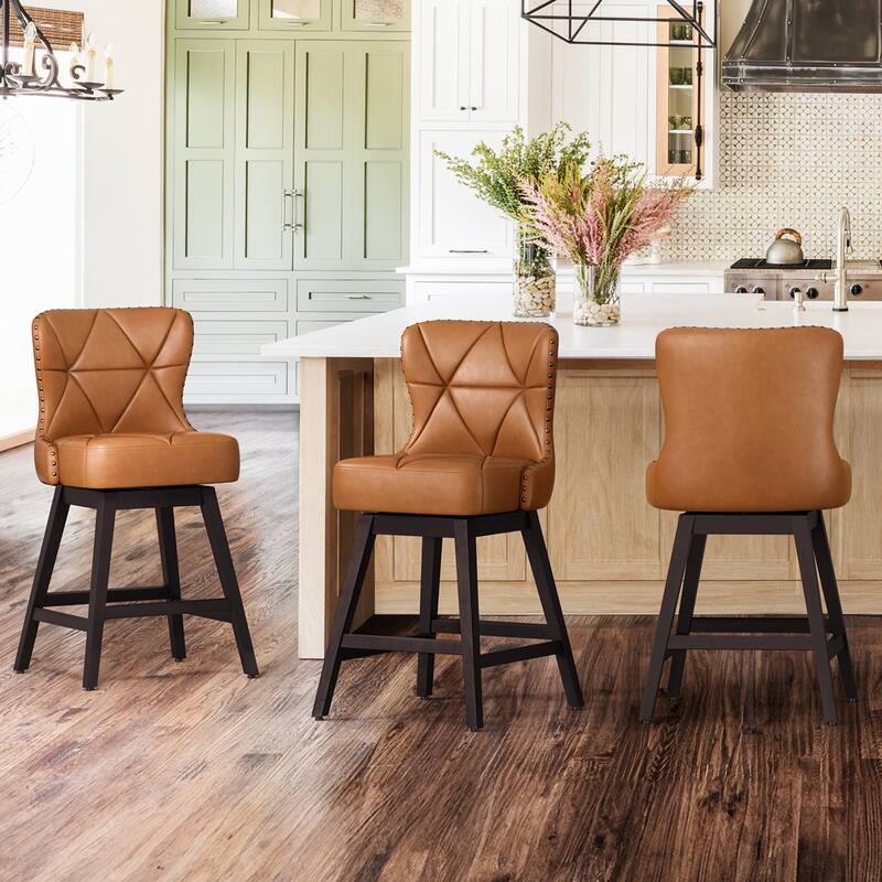 Modern 26 in. H Counter Height Bar Stools Upholstered 360 Free Swivel Counter Stools with Nailhead Trim - Set of 3 - Brown