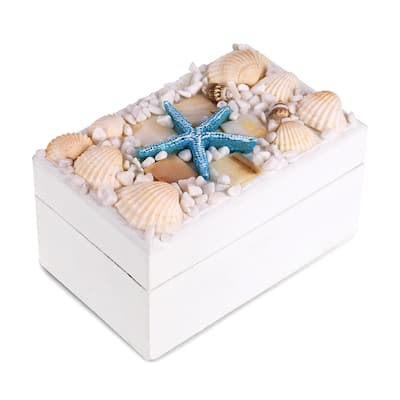 CoTa Global Oceanic White Wooden Jewelry Box w/ Seashell and Starfish - 4.4 Inch