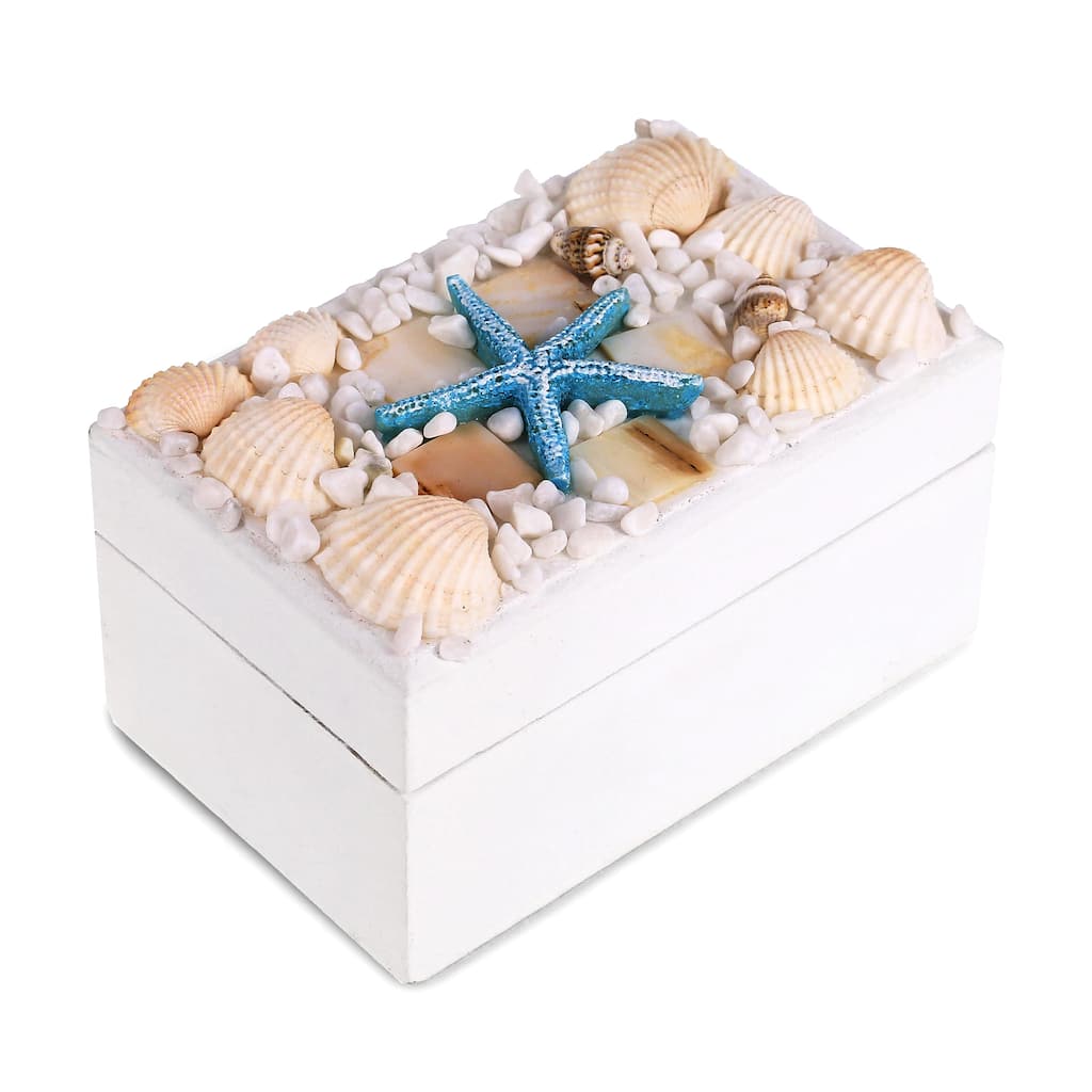 CoTa Global Oceanic White Wooden Jewelry Box w/ Seashell and Starfish - 4.4 Inch