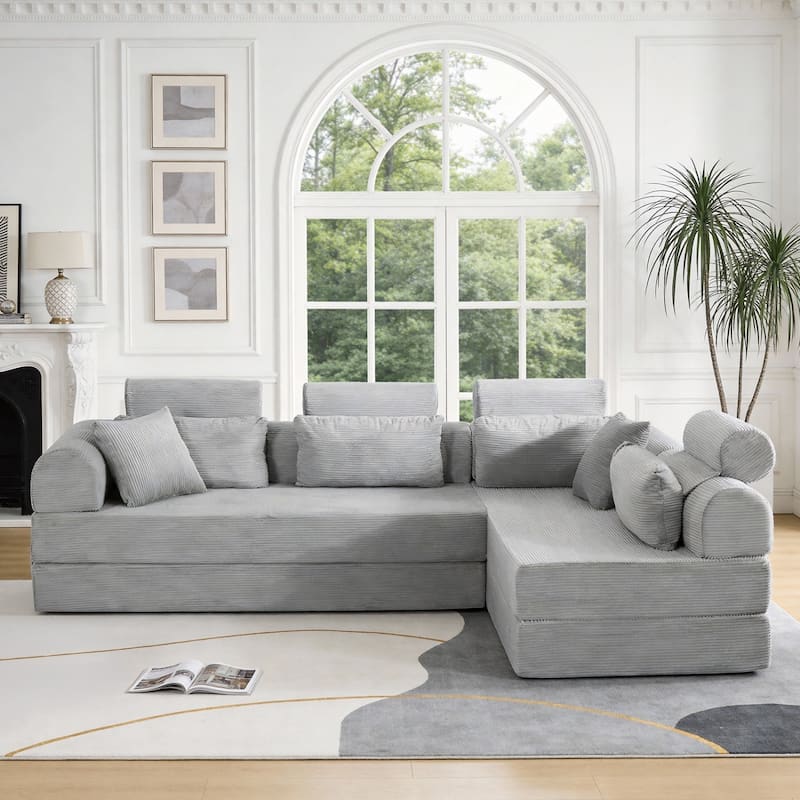106.3" L-Shaped Corduroy Sectional Sofa with Pillows, No Assembly Required