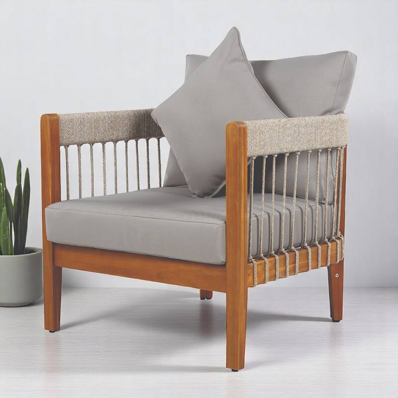Outdoor Lounge Chair with Cushions, Acacia Wood Frame & Handwoven Rope, All-Weather Tub Chair with for Patio, Deck, or Garden