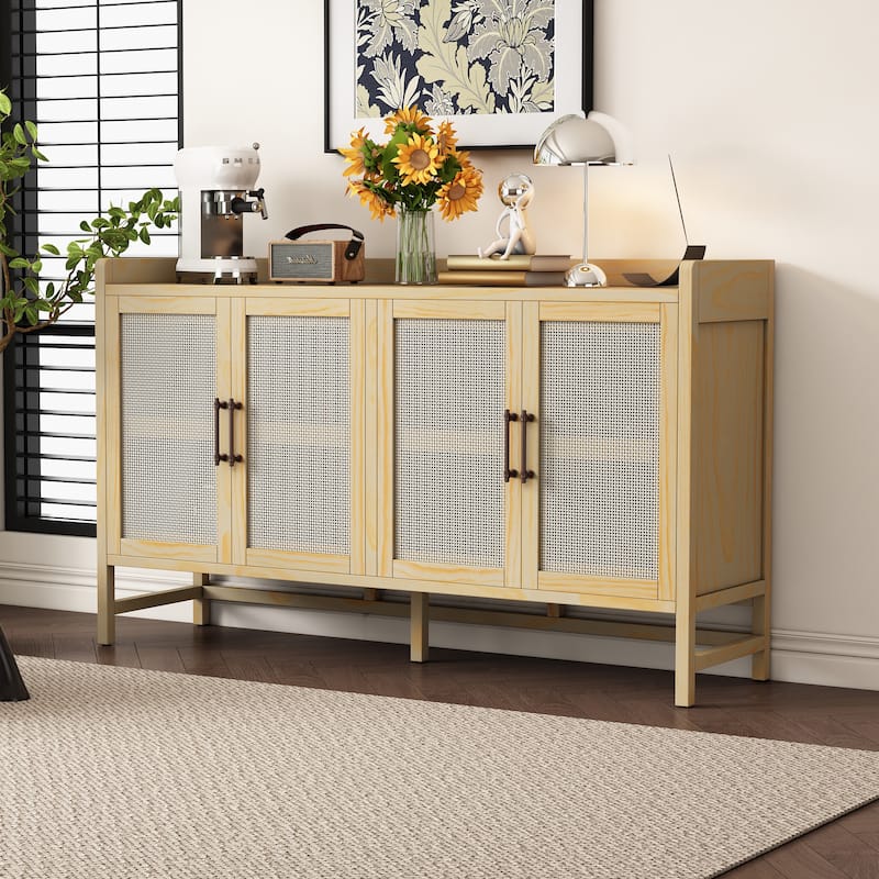 Rustic Sideboard Buffet Cabinet with Decorative Rattan Doors - Natural