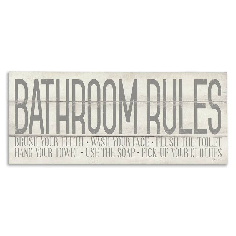 Stupell 'Bathroom Rules' Grey and White Planked Look Typography Canvas Wall Art - 30 x 13