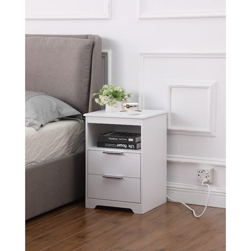 Nightstand with Charging Station,End Table with 2 Drawers,Wooden End Table with Drawer and Opening Shelf