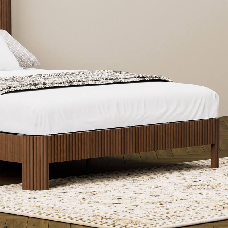 Queen Size Bed Frame with Storage Headboard, Built-in Charging Station, Wavy Design, Silent Operation, Walnut Finish