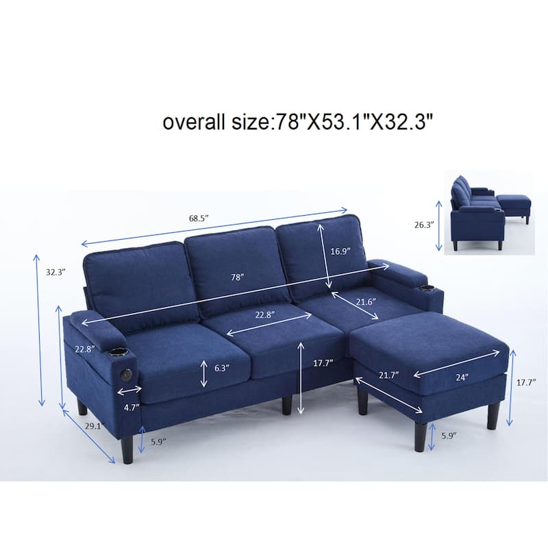 78'' Fabric L-Shaped 3-Seater Sectional Sofa with Storage Ottoman, USB Port, Cup Holders, and Magazine Bags