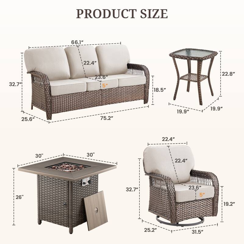 Pocassy Patio Outdoor Fire Table with Sofa Ottoman Swivel Chair Funiture Set.