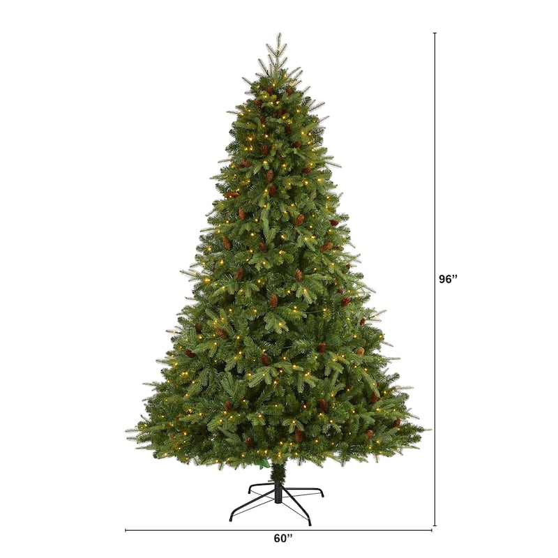 8ft Artificial Christmas Tree with Lights - Wellington Spruce Holiday Decor, Clear Lights, Pine Cones, Large Tree - Green - 96