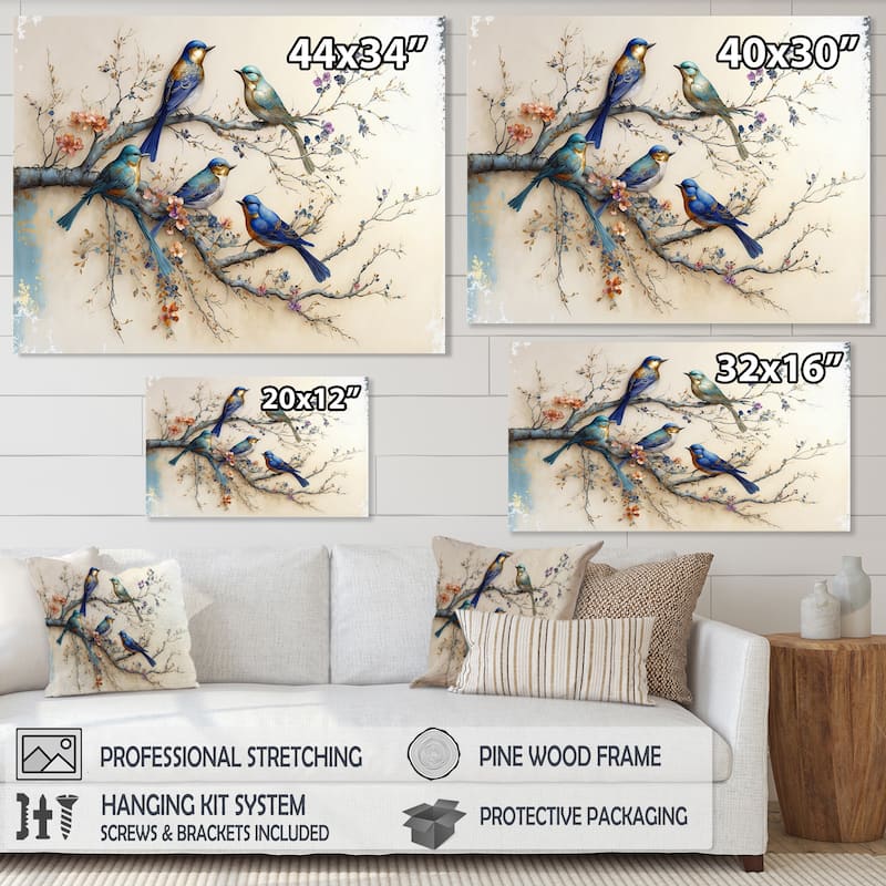 Designart 'Multicolor Birds On Plum Blossoms Tree X' Animals Canvas Wall Art