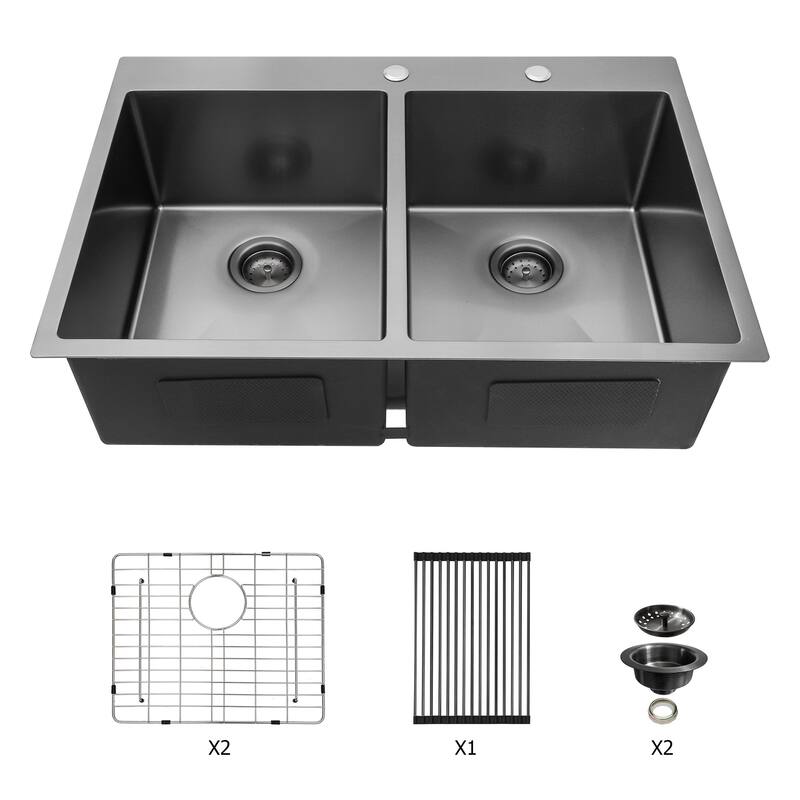 33 Inch Drop-in 16 Gauge Double Bowl Stainless Steel Kitchen Sink in Gunmetal Black - 33'' x 22'' x 10''